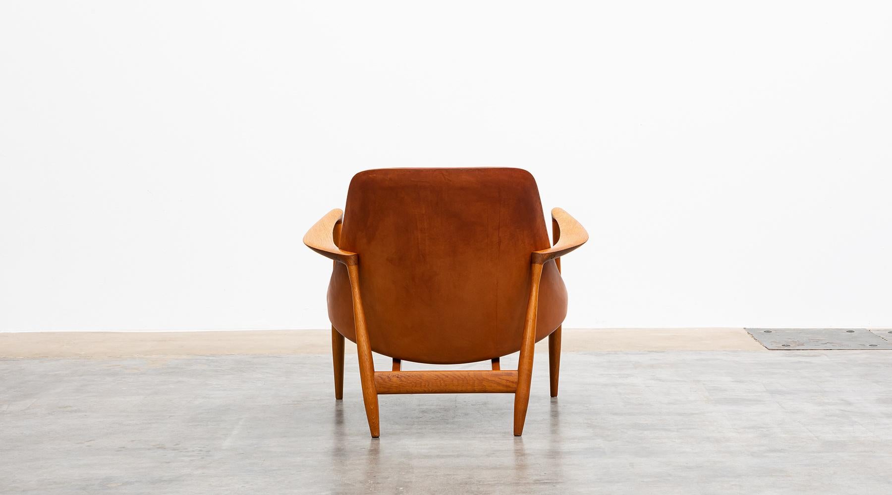 1950's Brown Wooden and Leather Lounge Chairs with Ottoman by Ib Kofod-Larsen For Sale 1
