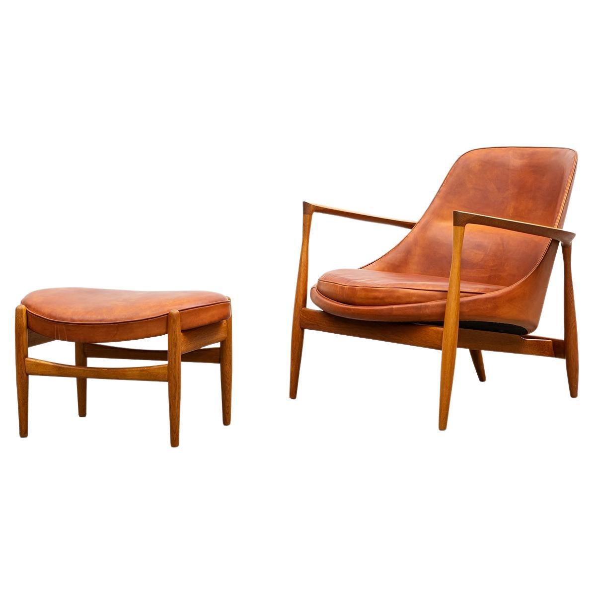 1950's Brown Wooden and Leather Lounge Chairs with Ottoman by Ib Kofod-Larsen For Sale