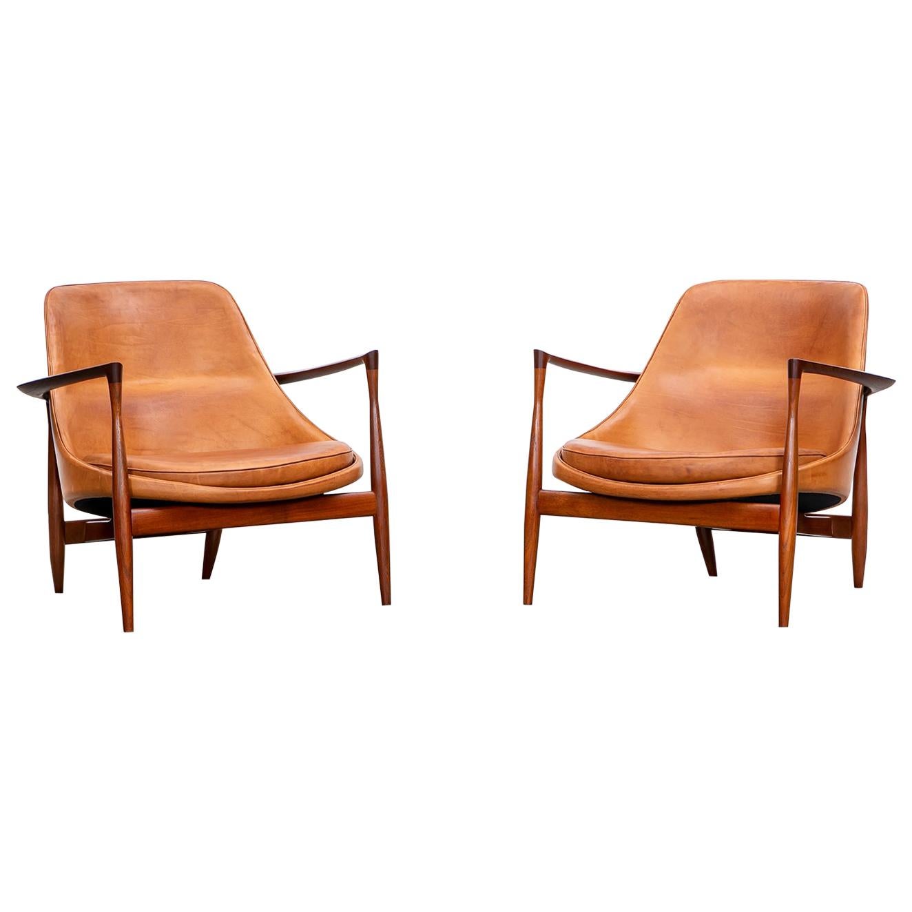 1950's Brown Wooden and Leather Pair of Lounge Chairs by Ib Kofod-Larsen