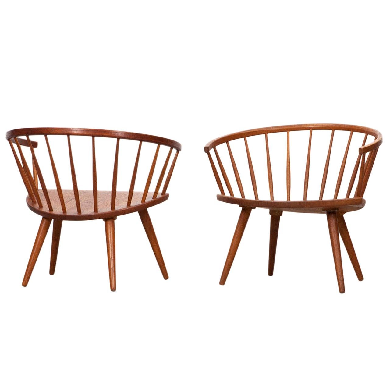 1950s Brown Wooden Oak Pair of Lounge Chairs by Yngve Ekström