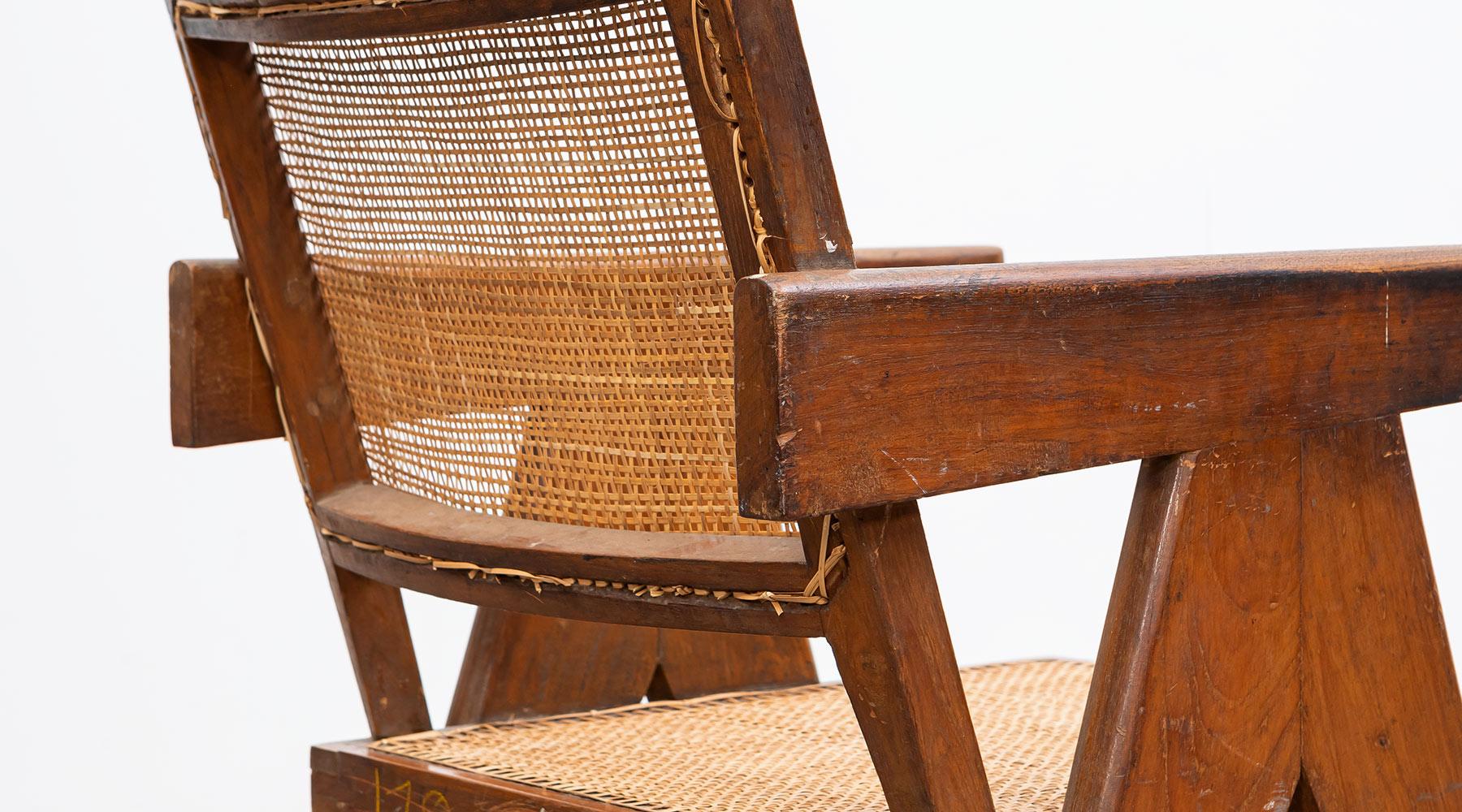 1950s Brown Wooden Teak and Cane Lounge Chair by Pierre Jeanneret 'c' For Sale 5