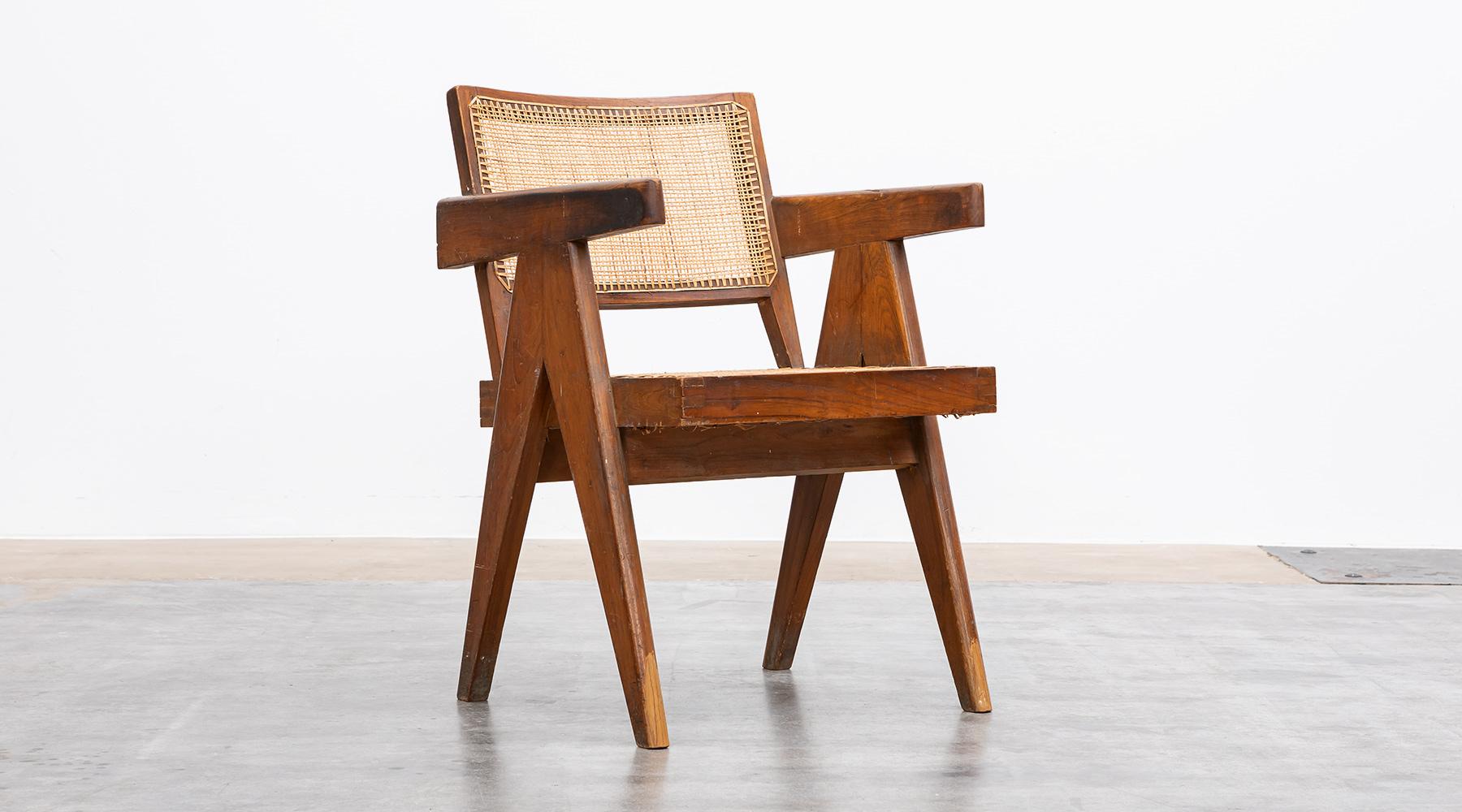 1950s Brown Wooden Teak and Cane Lounge Chair by Pierre Jeanneret 'c' For Sale 6