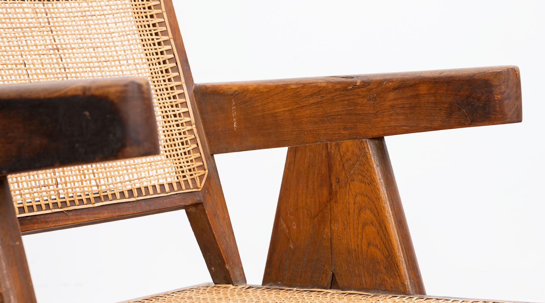 1950s Brown Wooden Teak and Cane Lounge Chair by Pierre Jeanneret 'c' For Sale 9