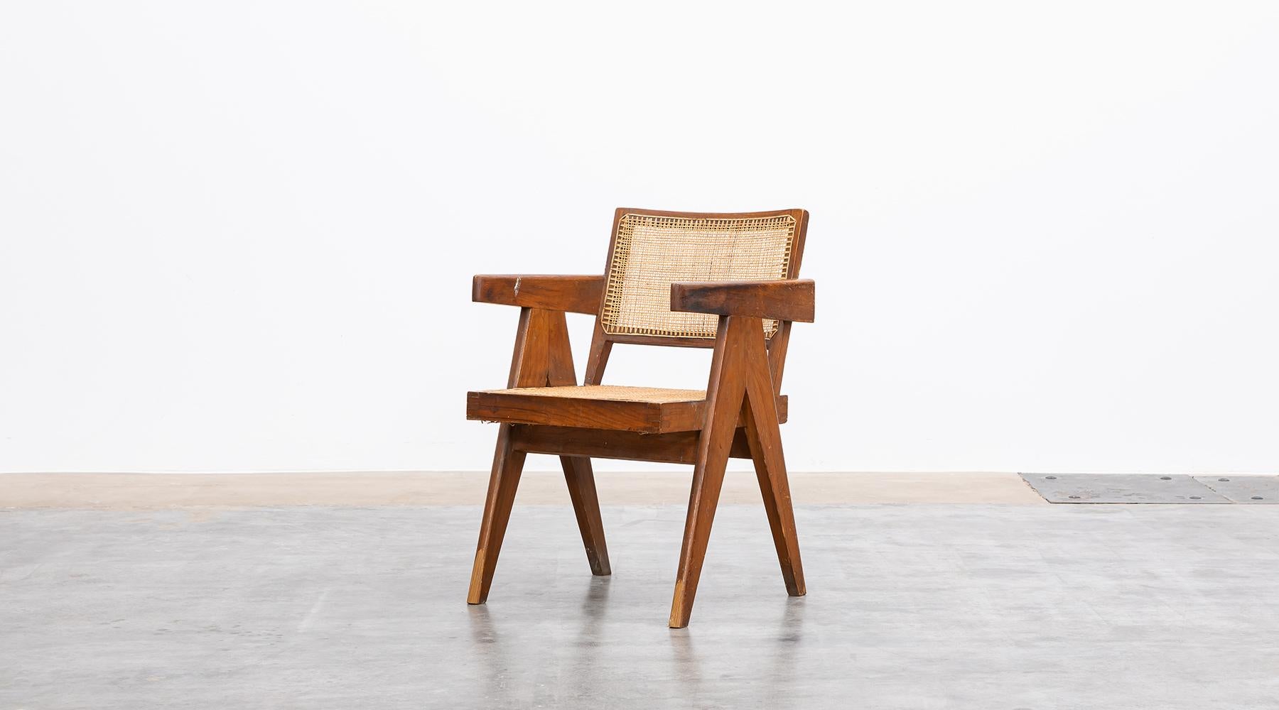 Mid-Century Modern 1950s Brown Wooden Teak and Cane Lounge Chair by Pierre Jeanneret 'c' For Sale