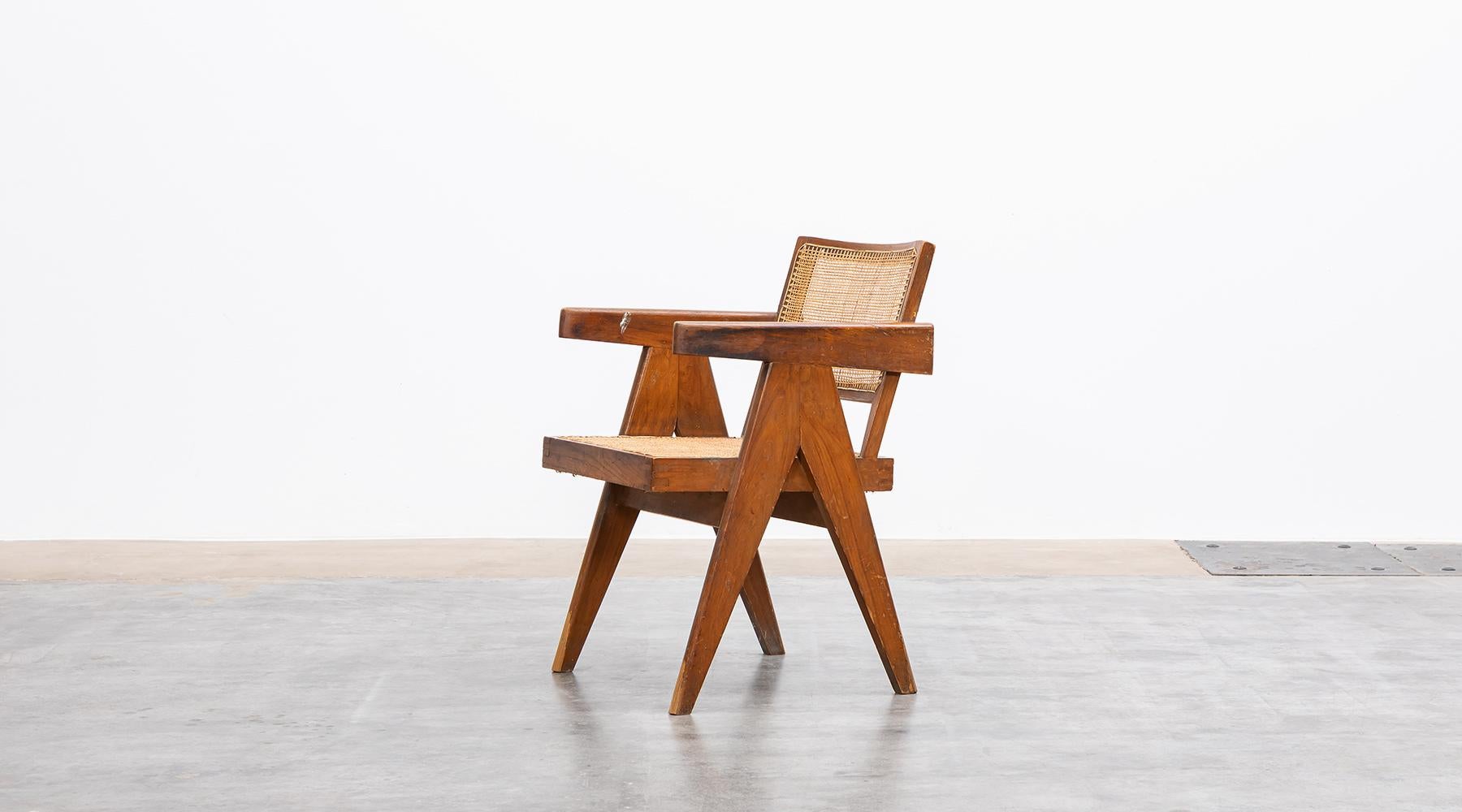 Indian 1950s Brown Wooden Teak and Cane Lounge Chair by Pierre Jeanneret 'c' For Sale
