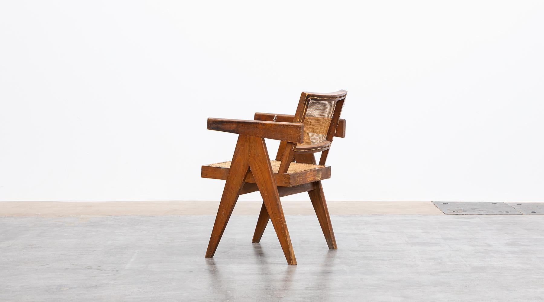 Mid-20th Century 1950s Brown Wooden Teak and Cane Lounge Chair by Pierre Jeanneret 'c' For Sale