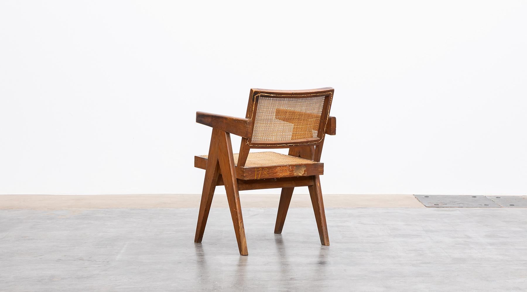 1950s Brown Wooden Teak and Cane Lounge Chair by Pierre Jeanneret 'c' For Sale 1