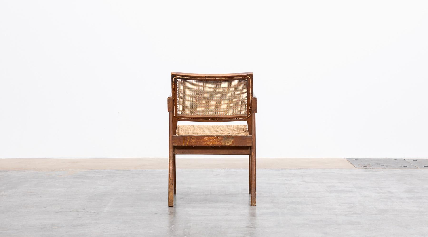 1950s Brown Wooden Teak and Cane Lounge Chair by Pierre Jeanneret 'c' For Sale 2