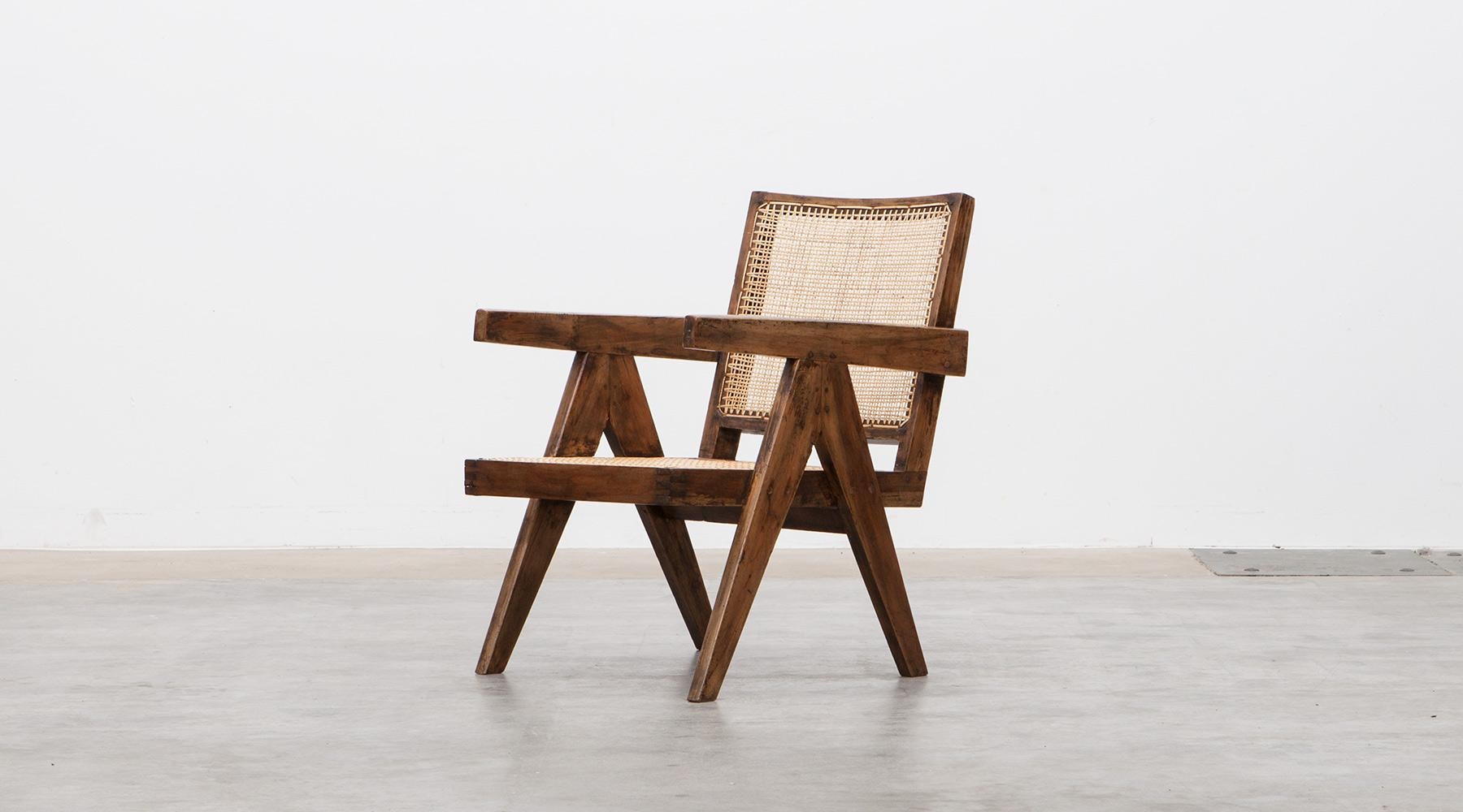 Mid-Century Modern 1950s Brown Wooden Teak and Cane Lounge Chairs by Pierre Jeanneret 'b'