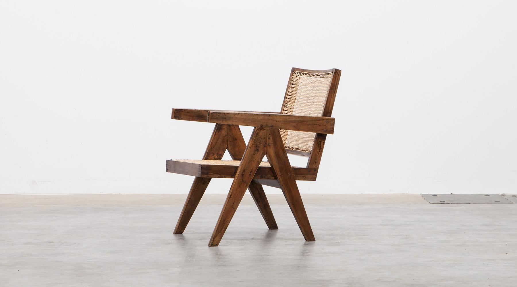 Indian 1950s Brown Wooden Teak and Cane Lounge Chairs by Pierre Jeanneret 'b'