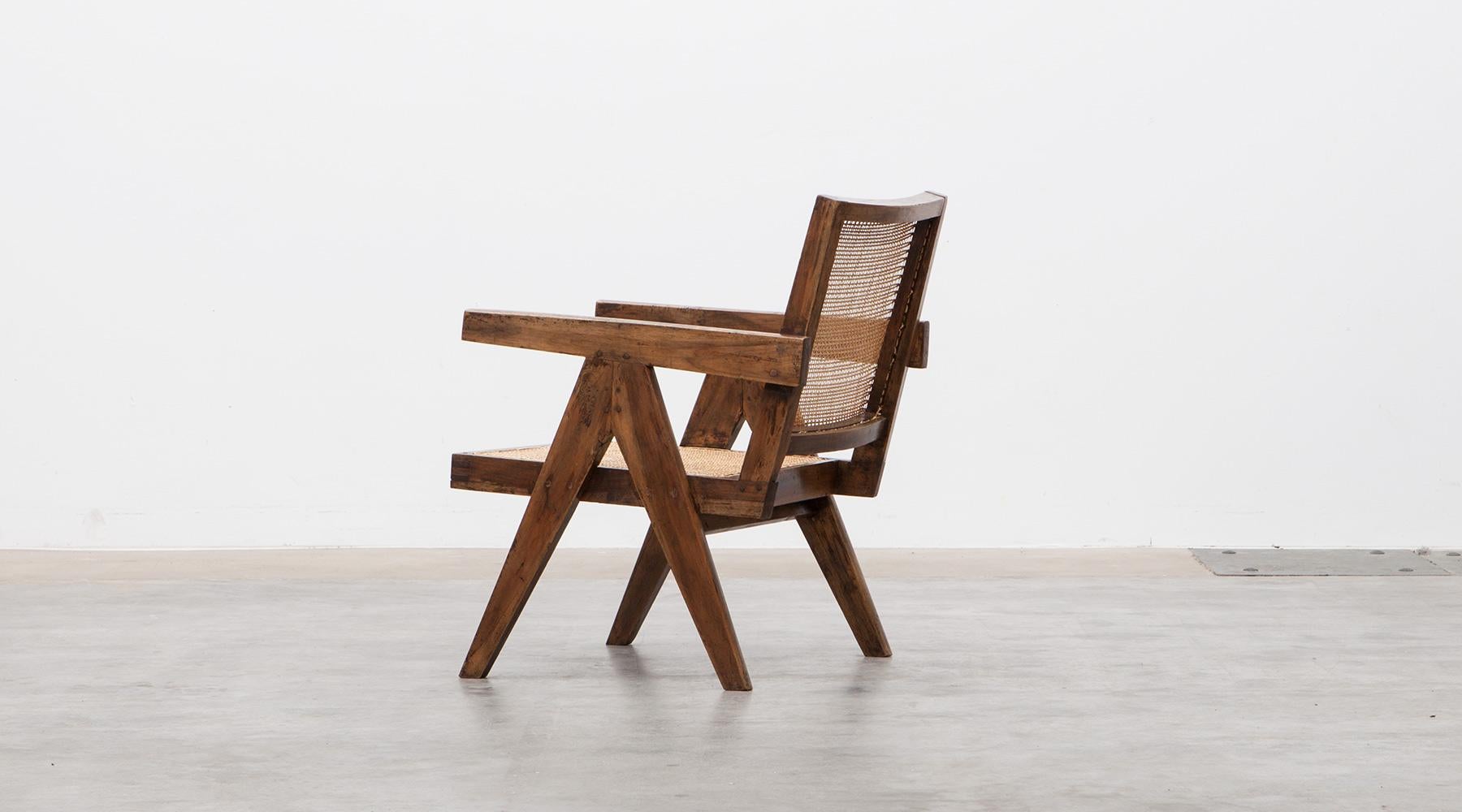 Mid-20th Century 1950s Brown Wooden Teak and Cane Lounge Chairs by Pierre Jeanneret 'b'