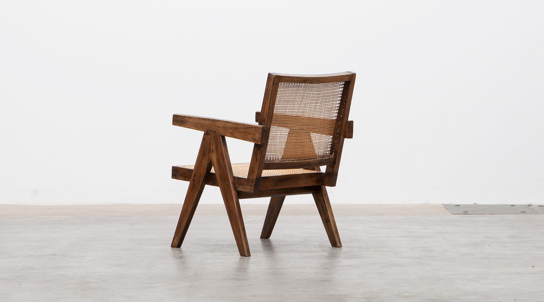 1950s Brown Wooden Teak and Cane Lounge Chairs by Pierre Jeanneret 'b' 1