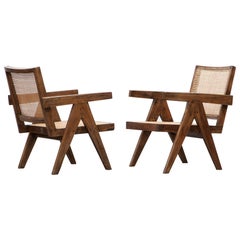 1950s Brown Wooden Teak and Cane Lounge Chairs by Pierre Jeanneret 'b'