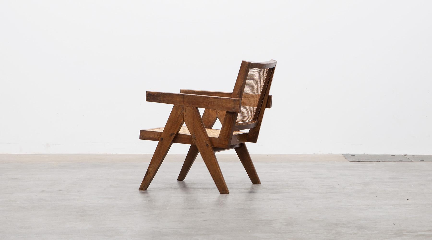 1950s Brown Wooden Teak and Cane Lounge Chairs by Pierre Jeanneret 'c' 1