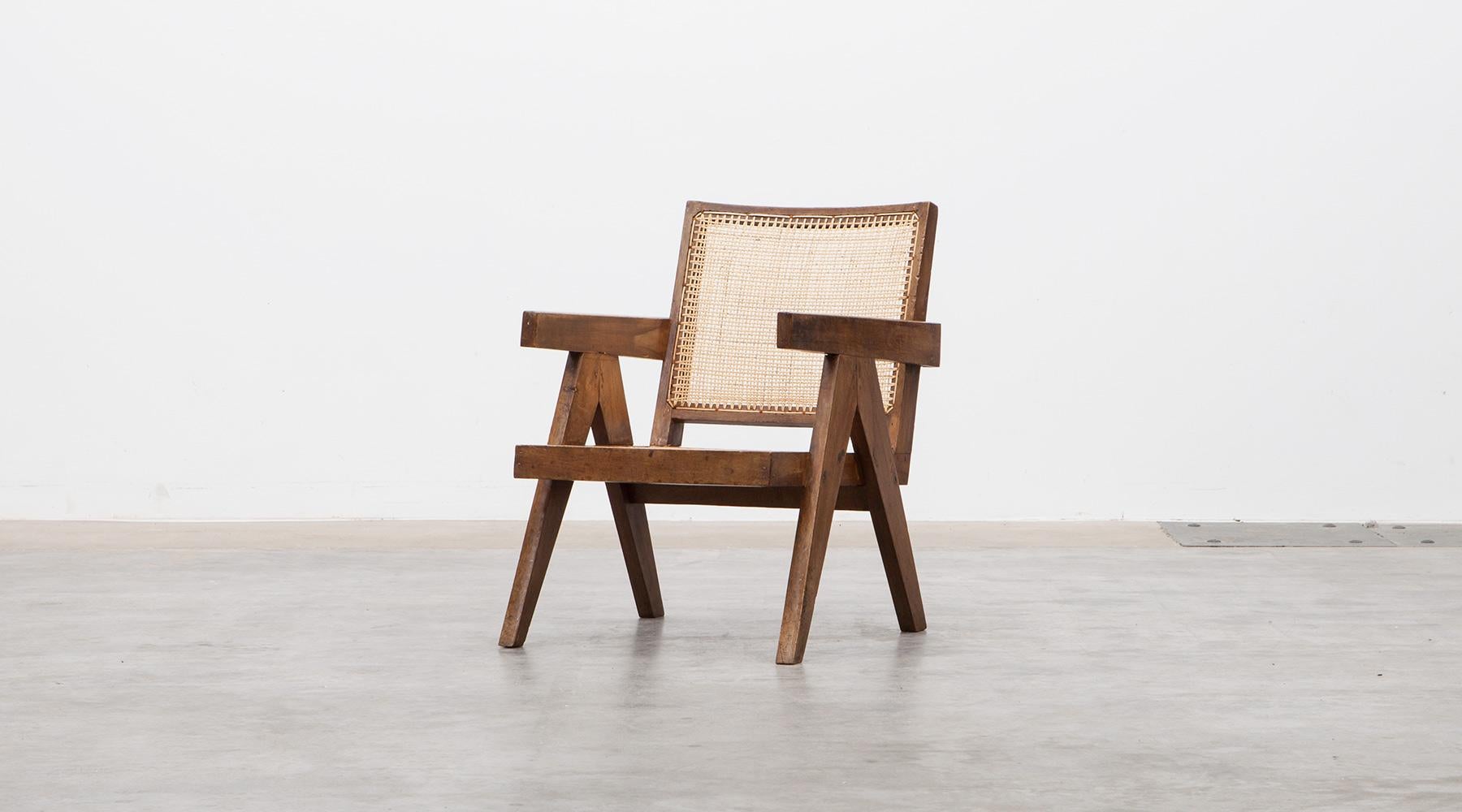 Mid-Century Modern 1950s Brown Wooden Teak and Cane Lounge Chairs by Pierre Jeanneret 'c'