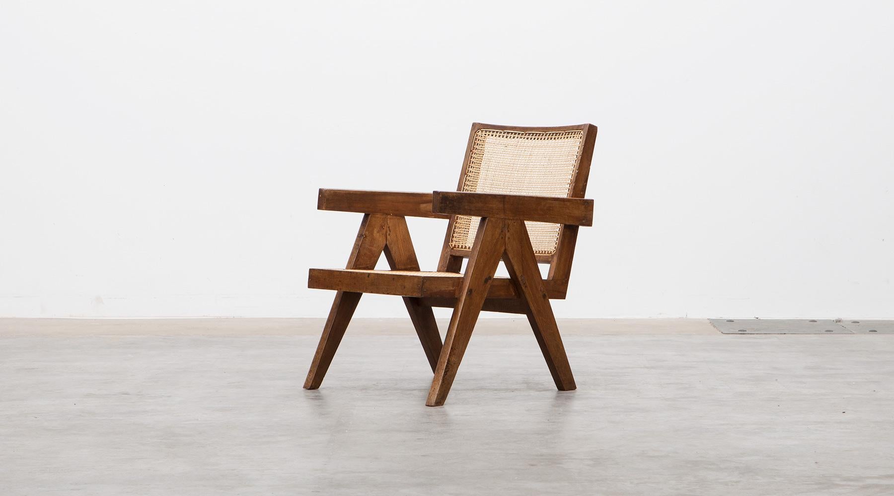 Indian 1950s Brown Wooden Teak and Cane Lounge Chairs by Pierre Jeanneret 'c'