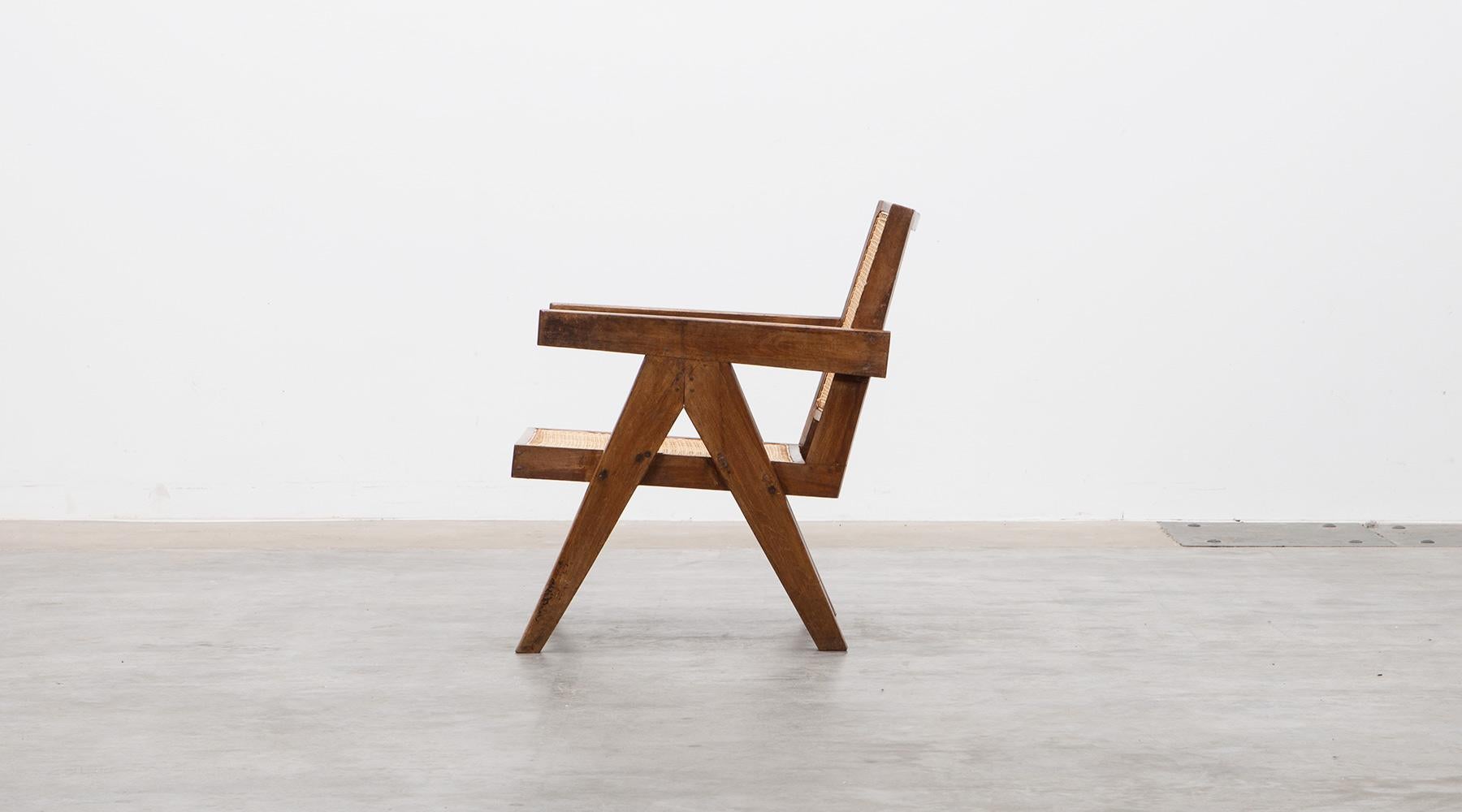 Mid-20th Century 1950s Brown Wooden Teak and Cane Lounge Chairs by Pierre Jeanneret 'c'