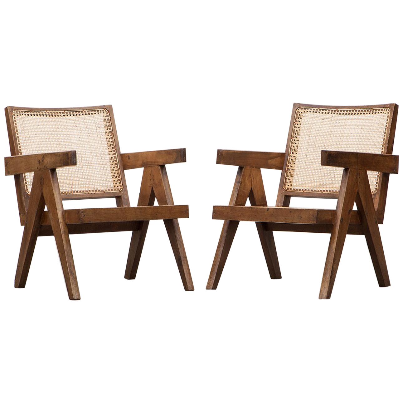 1950s Brown Wooden Teak and Cane Lounge Chairs by Pierre Jeanneret 'c'