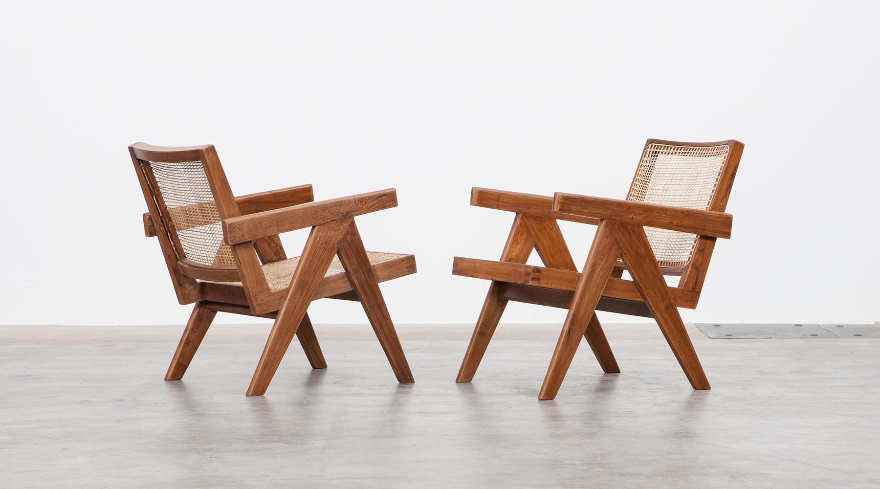 1950er Jahre Braune Sessel aus Teakholz und Rohrgeflecht von Pierre Jeanneret 'e' (Moderne der Mitte des Jahrhunderts)