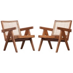 1950s Brown Wooden Teak and Cane Lounge Chairs by Pierre Jeanneret 
e
