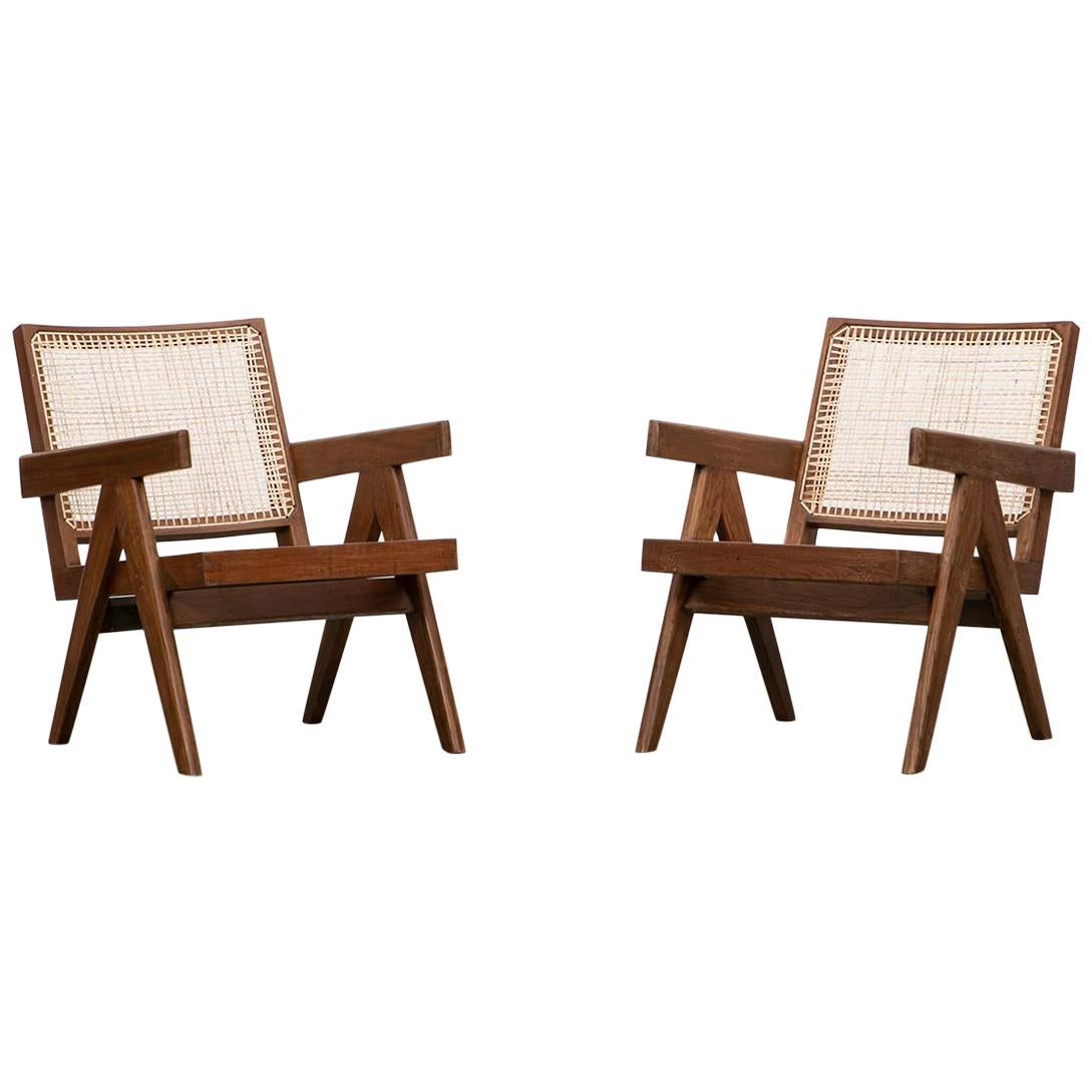 1950s Brown Wooden Teak and Cane Lounge Chairs by Pierre Jeanneret 
f
