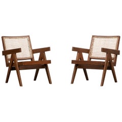 1950s Brown Wooden Teak and Cane Lounge Chairs by Pierre Jeanneret 
f
