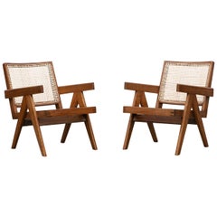 1950s Brown Wooden Teak and Cane Lounge Chairs by Pierre Jeanneret 'g'