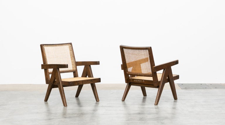 1950s Brown Wooden Teak And Cane Lounge Chairs By Pierre Jeanneret H For Sale At 1stdibs
