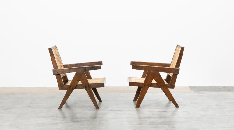 1950s Brown Wooden Teak And Cane Lounge Chairs By Pierre Jeanneret H For Sale At 1stdibs