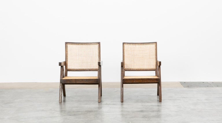 1950s Brown Wooden Teak And Cane Lounge Chairs By Pierre Jeanneret H For Sale At 1stdibs