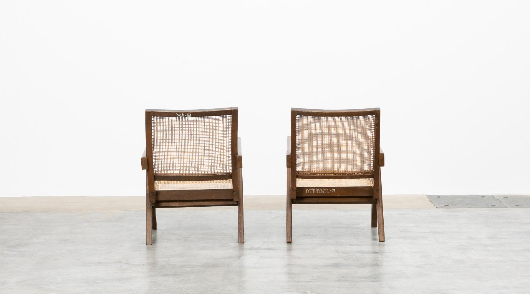 Mid-Century Modern 1950s Brown Wooden Teak and Cane Lounge Chairs by Pierre Jeanneret 'h' For Sale