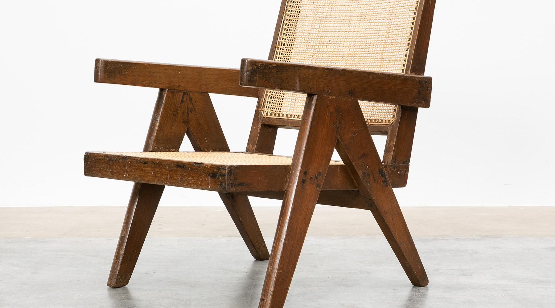 Mid-20th Century 1950s Brown Wooden Teak and Cane Lounge Chairs by Pierre Jeanneret 'h' For Sale