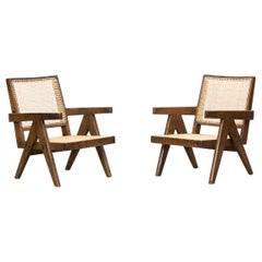 1950s Brown Wooden Teak and Cane Lounge Chairs by Pierre Jeanneret 'h'