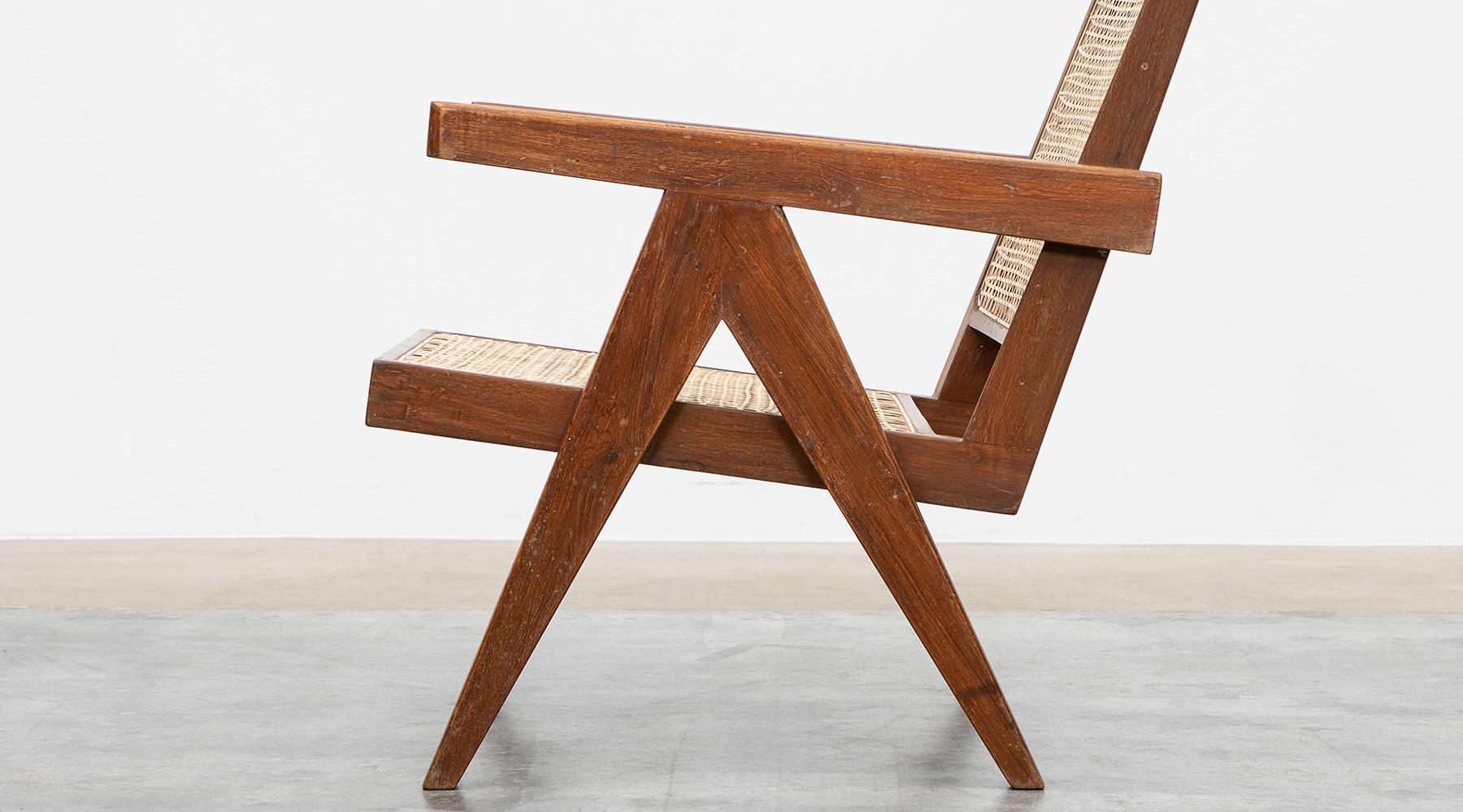 1950s Brown Wooden Teak and Cane Lounge Chairs by Pierre Jeanneret 'j' 5