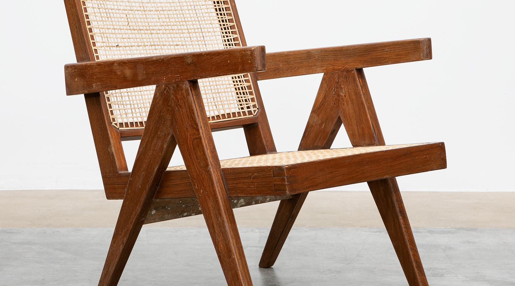 1950s Brown Wooden Teak and Cane Lounge Chairs by Pierre Jeanneret 'j' 7