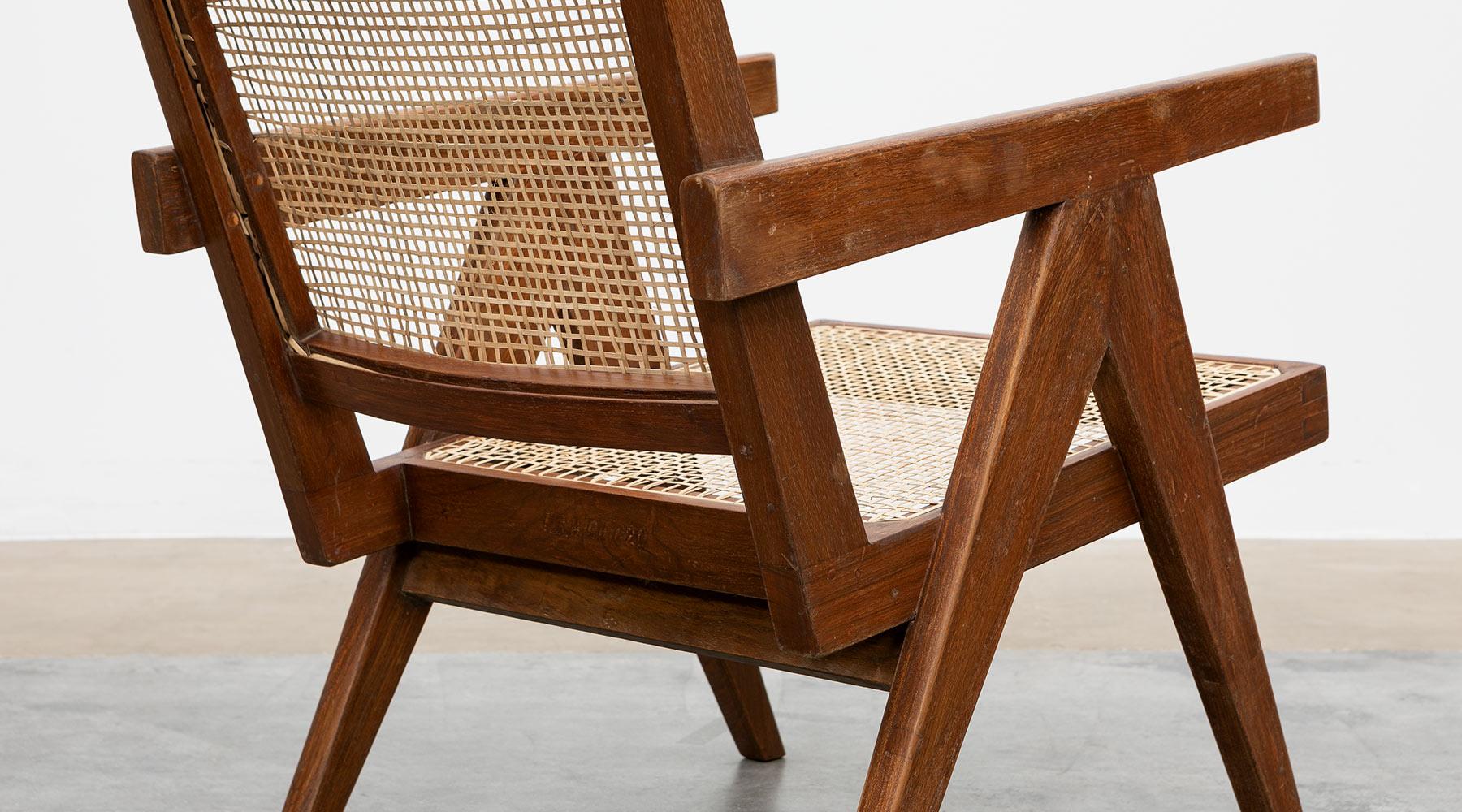 1950s Brown Wooden Teak and Cane Lounge Chairs by Pierre Jeanneret 'j' 9