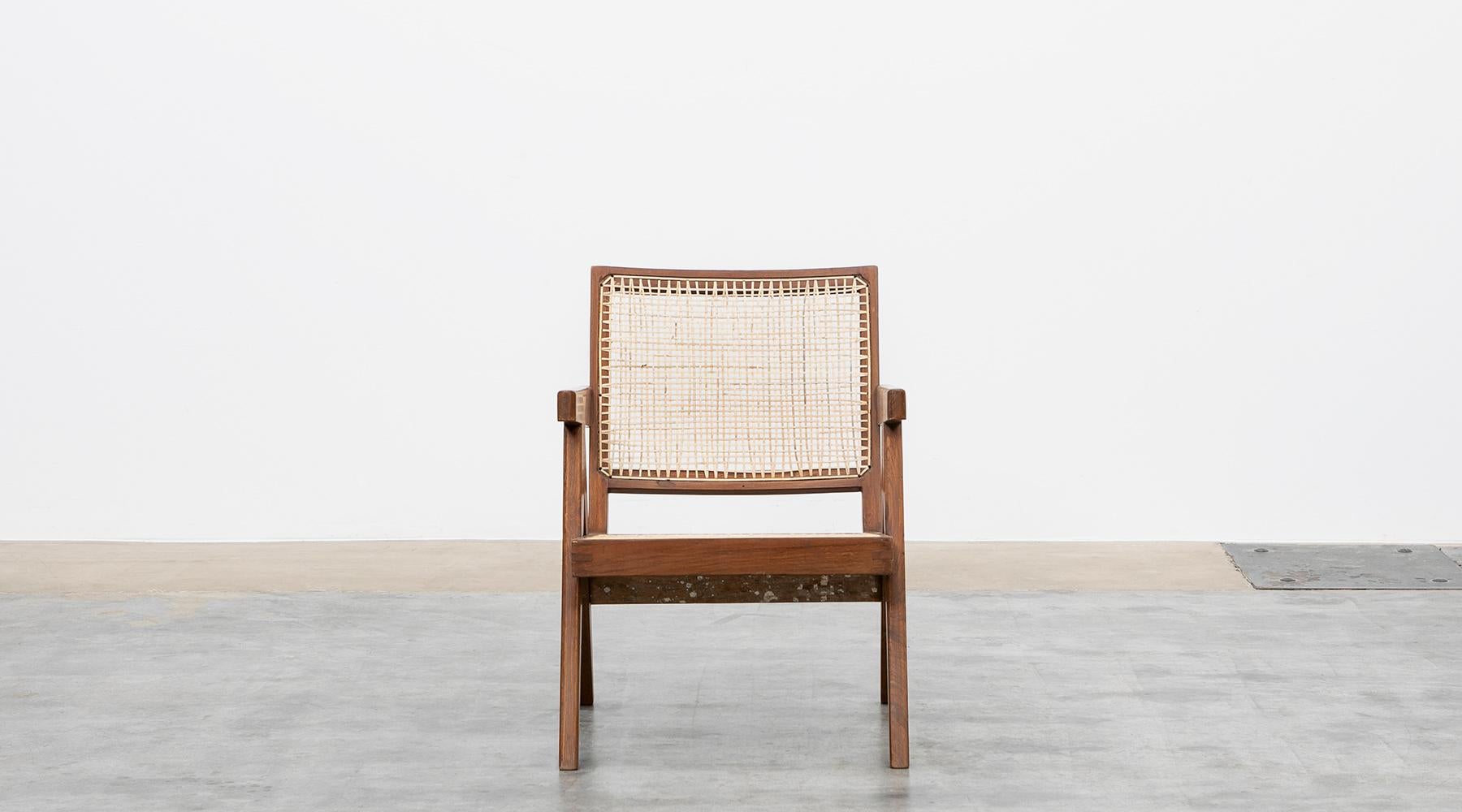 Mid-Century Modern 1950s Brown Wooden Teak and Cane Lounge Chairs by Pierre Jeanneret 'j'