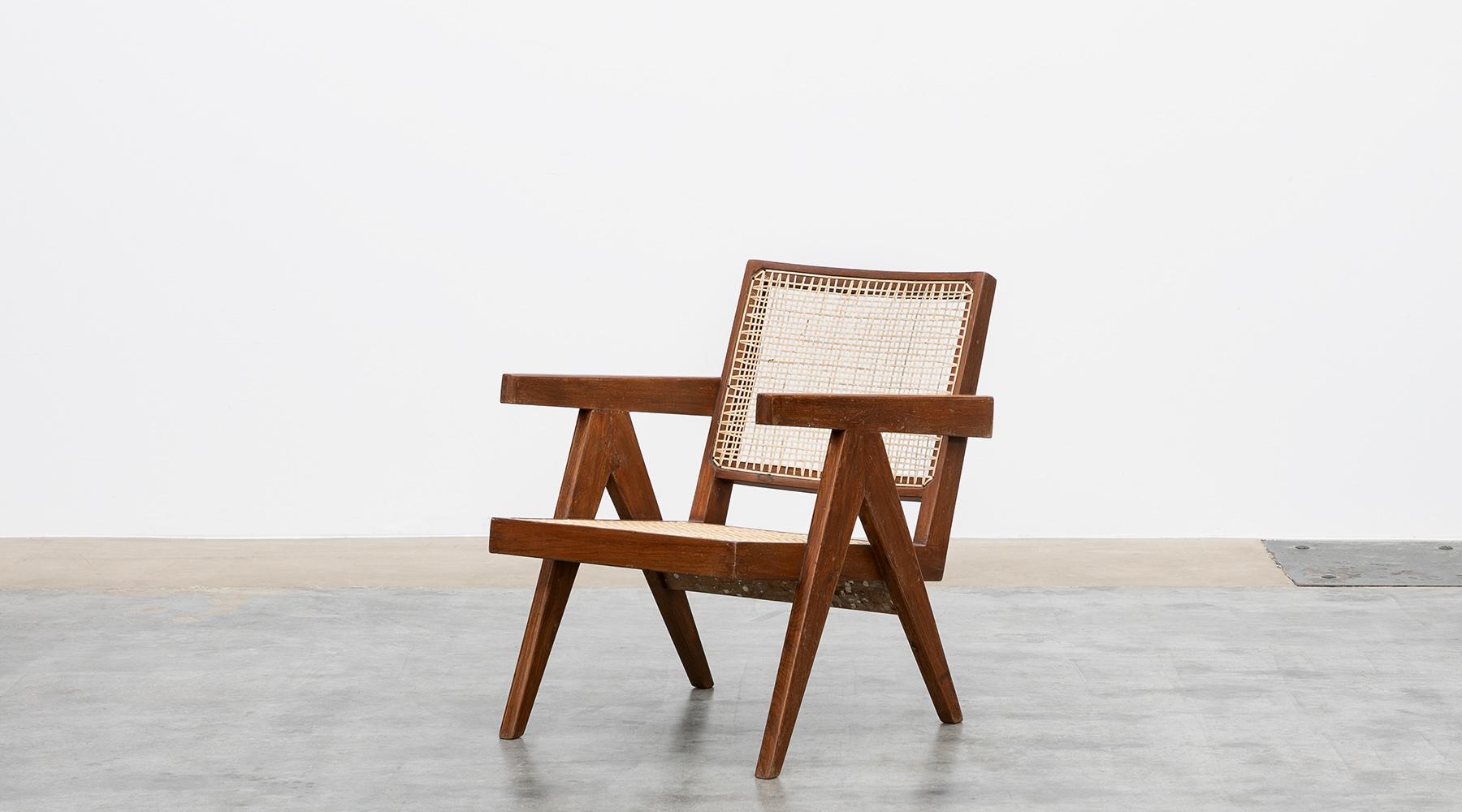 Indian 1950s Brown Wooden Teak and Cane Lounge Chairs by Pierre Jeanneret 'j'