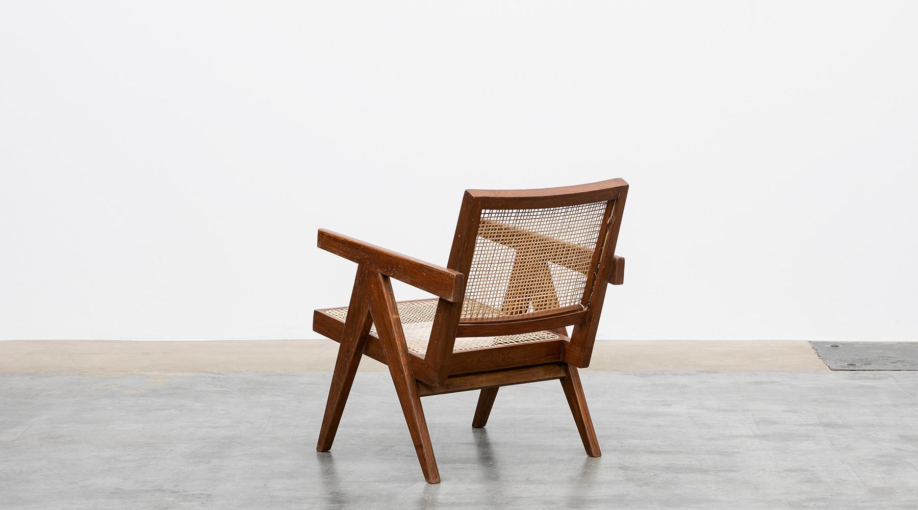 Mid-20th Century 1950s Brown Wooden Teak and Cane Lounge Chairs by Pierre Jeanneret 'j'