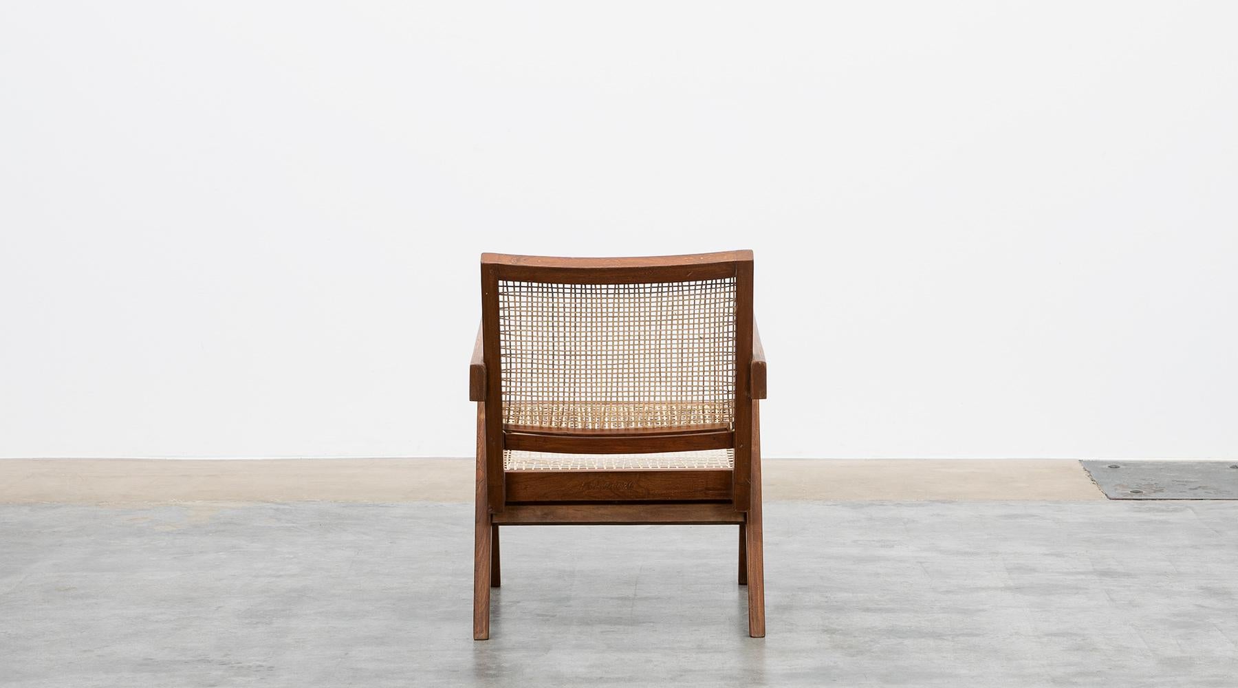 1950s Brown Wooden Teak and Cane Lounge Chairs by Pierre Jeanneret 'j' 1