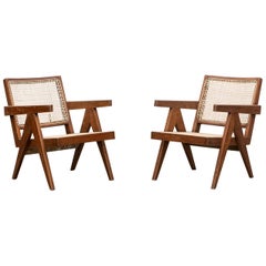 1950s Brown Wooden Teak and Cane Lounge Chairs by Pierre Jeanneret 'j'