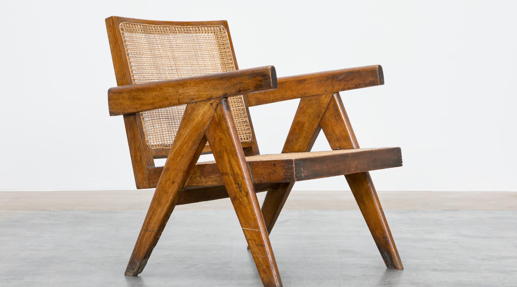 1950s Brown Wooden Teak and Cane Lounge Chairs by Pierre Jeanneret 'k' 9