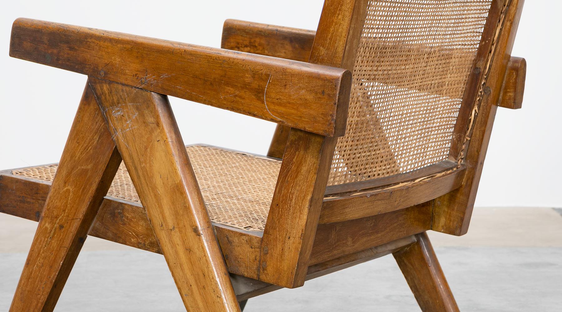 1950s Brown Wooden Teak and Cane Lounge Chairs by Pierre Jeanneret 'k' 10