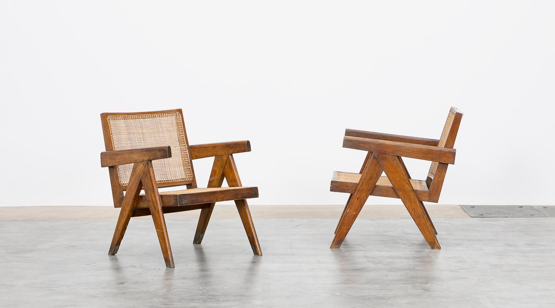 Mid-Century Modern 1950s Brown Wooden Teak and Cane Lounge Chairs by Pierre Jeanneret 'k'