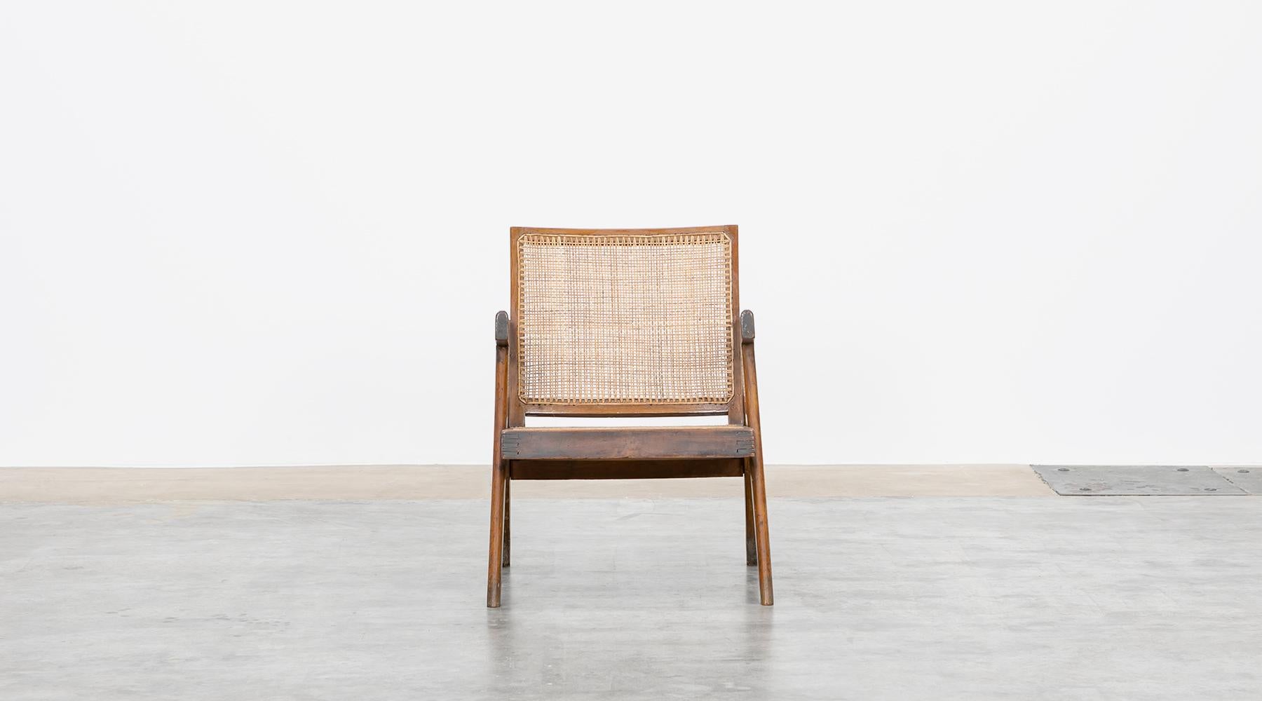 Indian 1950s Brown Wooden Teak and Cane Lounge Chairs by Pierre Jeanneret 'k'