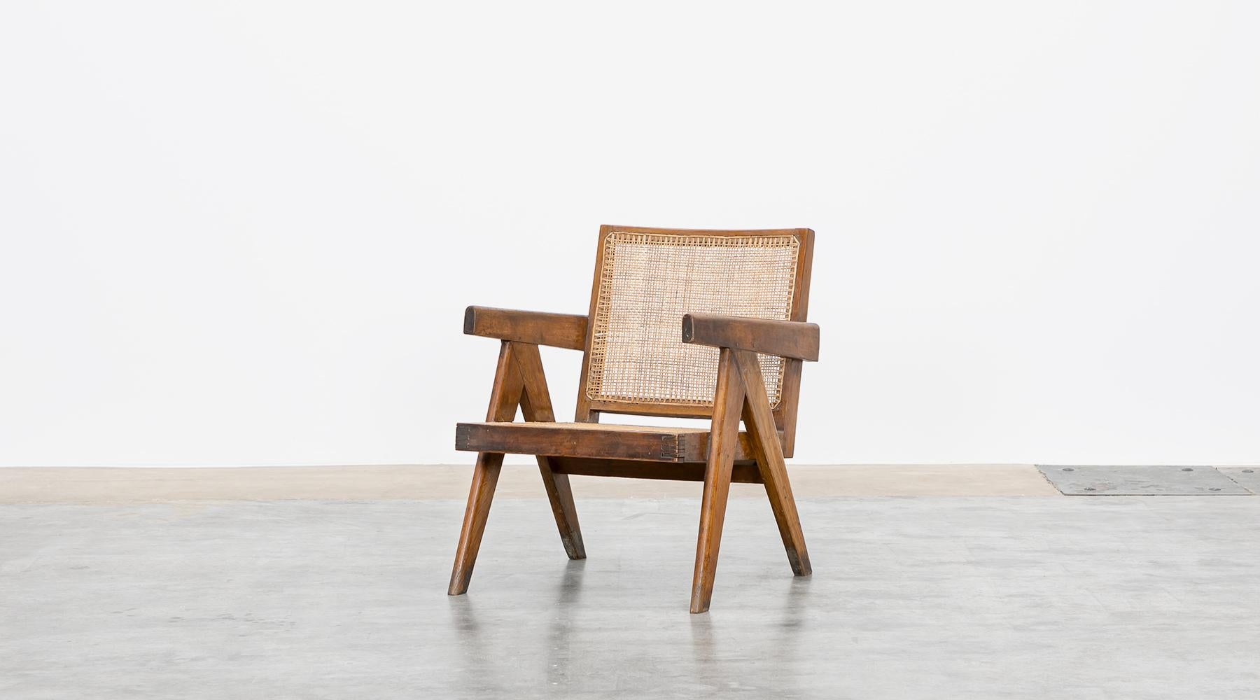 1950s Brown Wooden Teak and Cane Lounge Chairs by Pierre Jeanneret 'k' In Good Condition In Frankfurt, Hessen, DE