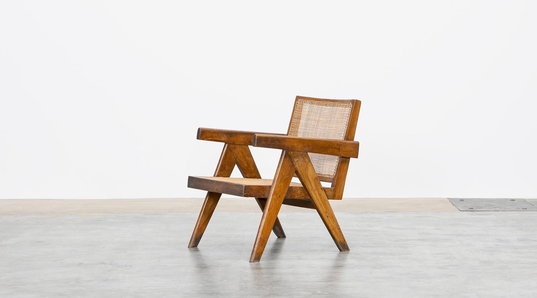 Mid-20th Century 1950s Brown Wooden Teak and Cane Lounge Chairs by Pierre Jeanneret 'k'