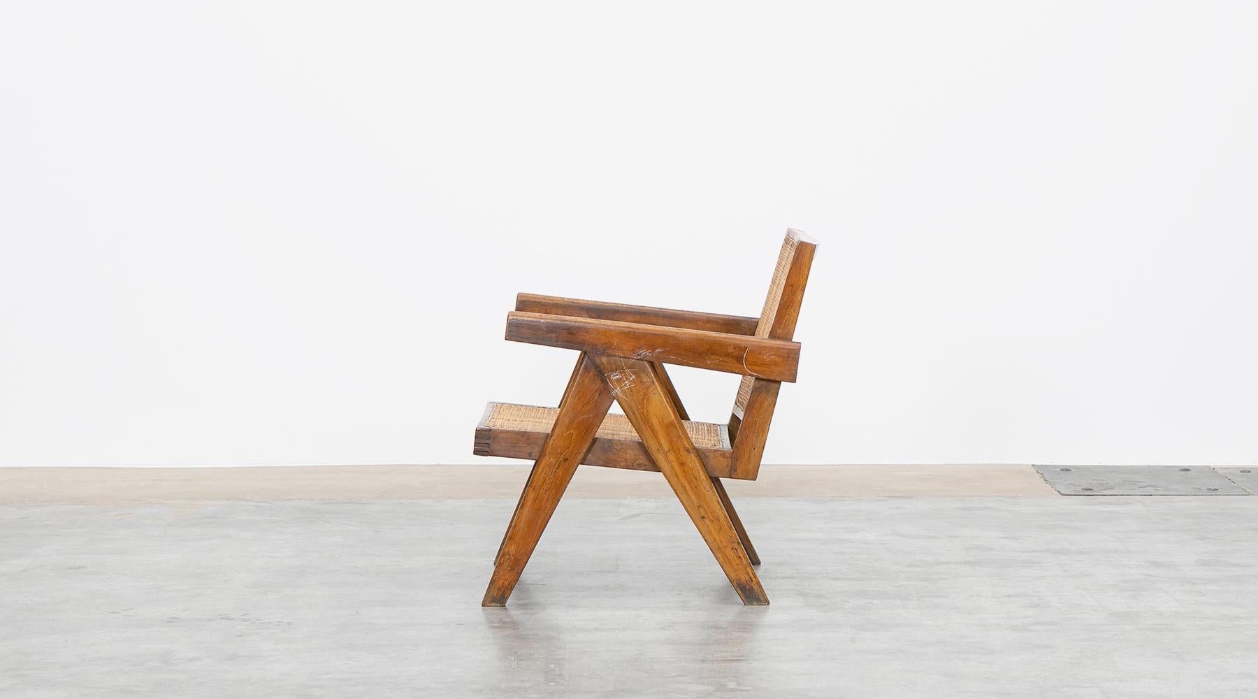 1950s Brown Wooden Teak and Cane Lounge Chairs by Pierre Jeanneret 'k' 1