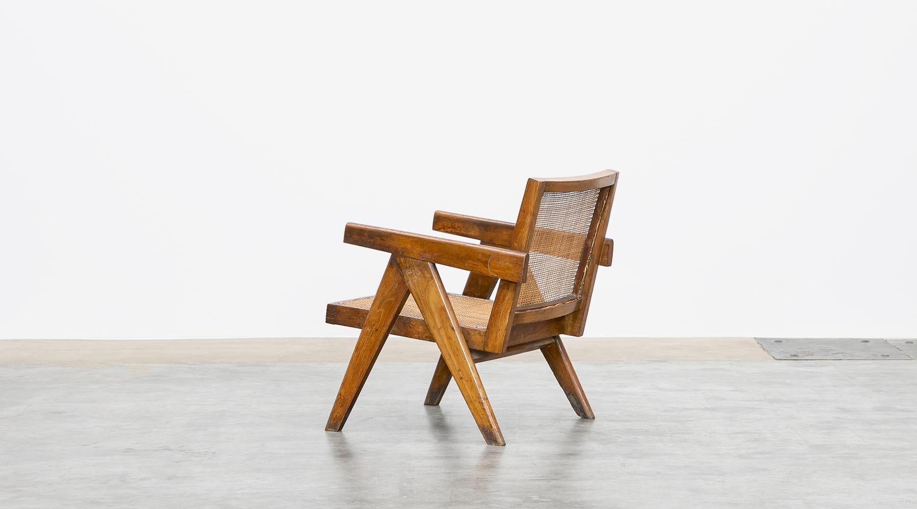 1950s Brown Wooden Teak and Cane Lounge Chairs by Pierre Jeanneret 'k' 2