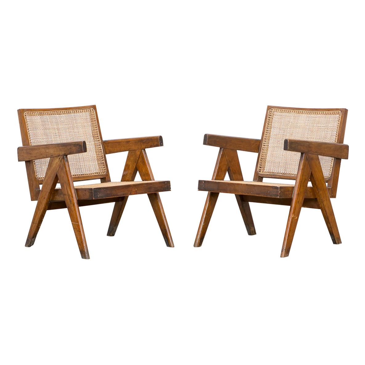 1950s Brown Wooden Teak and Cane Lounge Chairs by Pierre Jeanneret 'k'